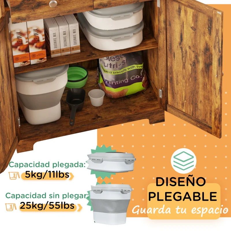 PawHut Contenedor de Comida para Perros 25L con Ruedas Taza Medidora Cuenco Plegable y Cuchara Gris