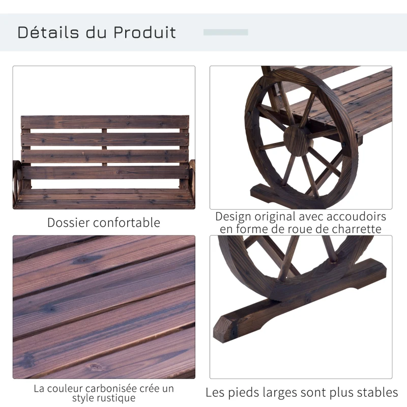 Outsunny Banc de Jardin banc 3 places banc en bois Style Rustique Chic accoudoirs Roues Charette Bois Sapin traité carbonisation