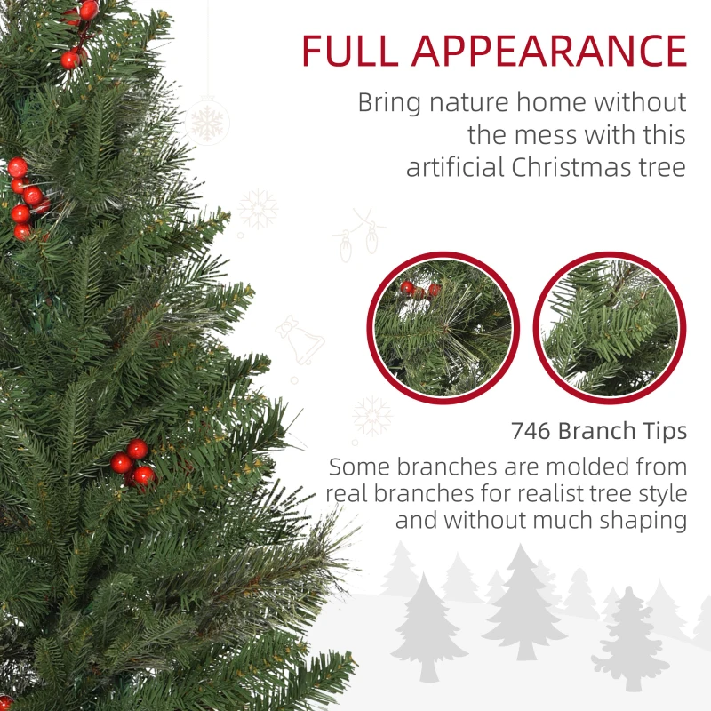HOMCOM 7ft Pencil Artificial Christmas Tree with Realistic Branches, Red Berries, Auto Open, Green