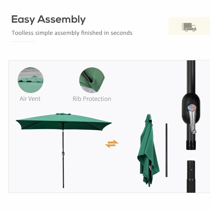 Outsunny 3x2m Patio Parasol Garden Umbrellas Canopy with Aluminium Tilt Crank Rectangular Sun Shade Steel, Green