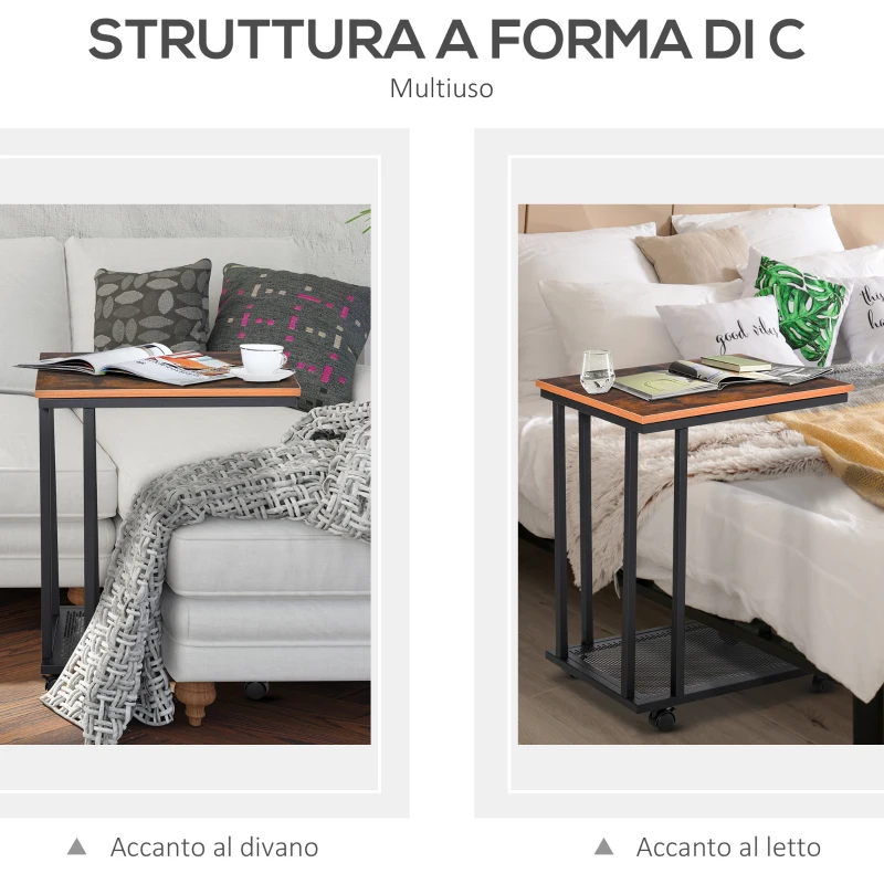 HOMCOM Tavolino da Salotto e da Letto con 4 Ruote, Design a C in Legno e Acciaio, Marrone Rustico e Nero, 51x36x61cm