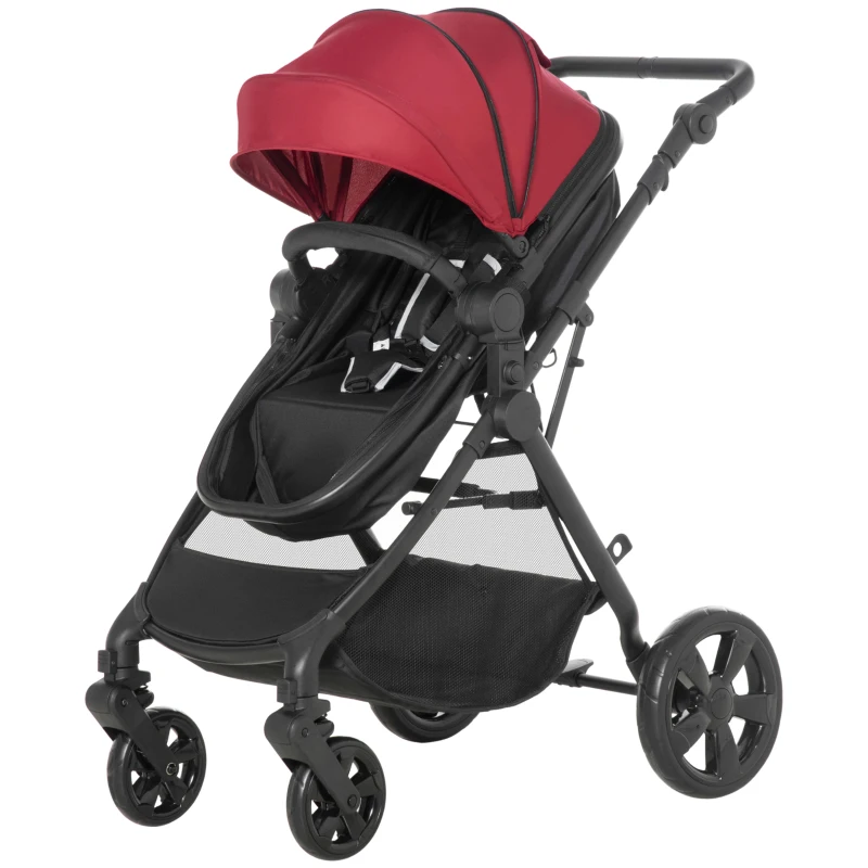 HOMCOM Foldable Baby Stoller, with Reclining Backrest, Adjustable Canopy, for Ages 0-36 Months - Red