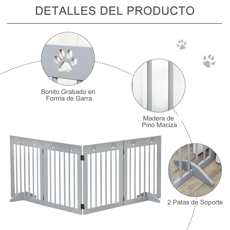 PawHut Barrera de Seguridad para Perros Plegable de 4 Paneles con Estructura de Madera y Patas de Apoyo 204x30x61 cm Gris Claro