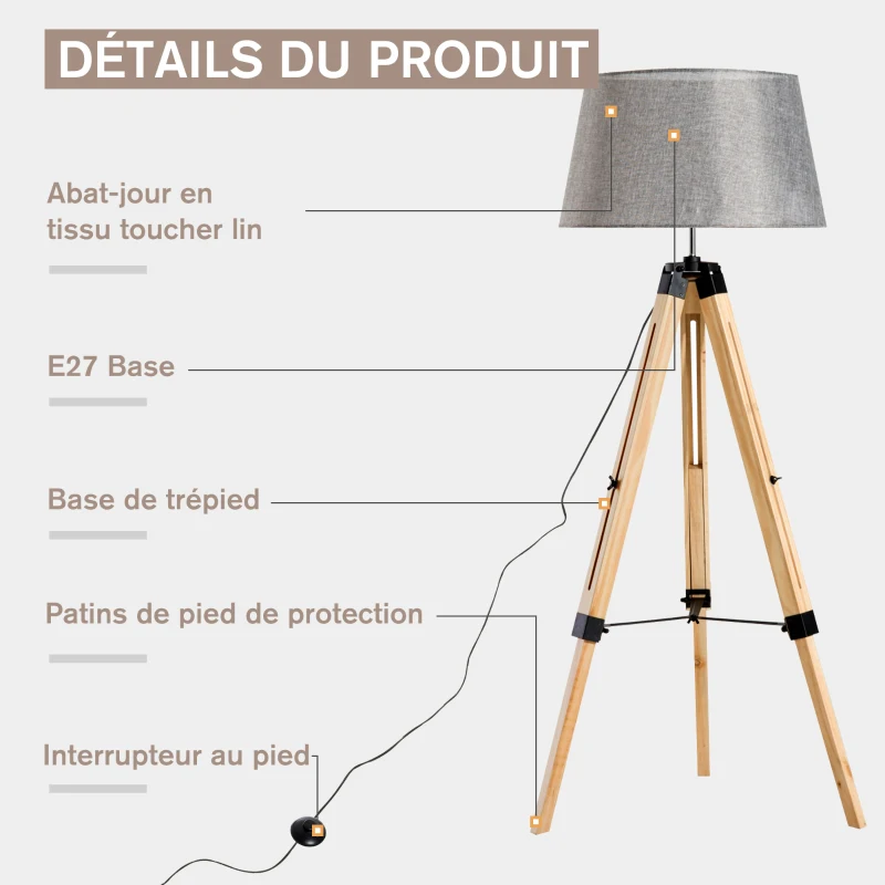 HOMCOM Lampadaire trépied hauteur réglable  65 x 65 x 99-143 cm lampe de sol 40 W bois style nordique gris