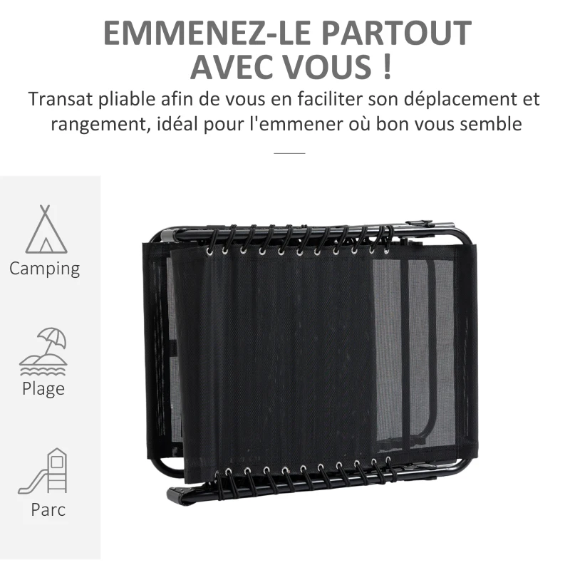 Outsunny Chaise longue pliable bain de soleil transat de relaxation dossier inclinable 5 niveaux têtière amovible pochette latérale intégrée revêtement textilène acier dim. 189 x 58 x 30 cm noir