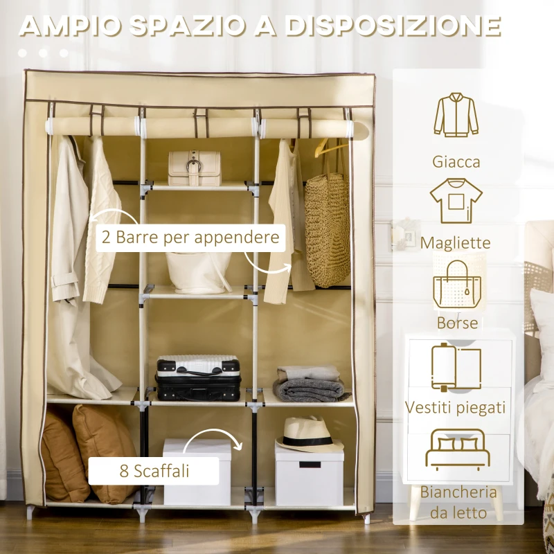 HOMCOM Armadio in Tessuto con 8 Ripiani e 2 Barre con Porta Avvolgibile, 125x46x162.5cm, Beige