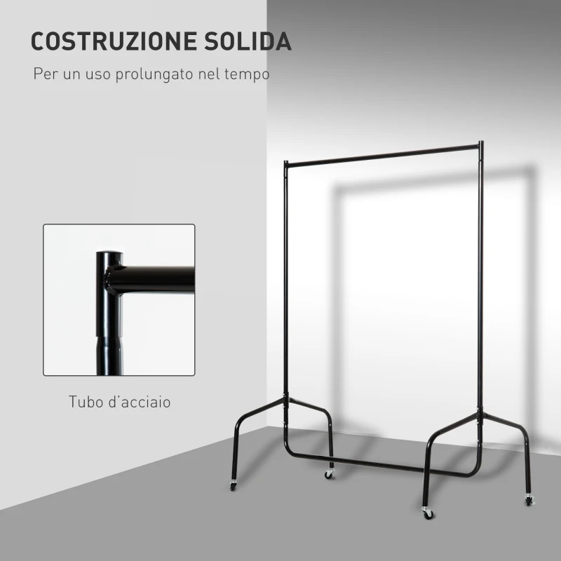 HOMCOM Rella Appendiabiti Attaccapanni in Metallo, Stand per Vestiti con Rotelle, Nero, 120x60x170cm