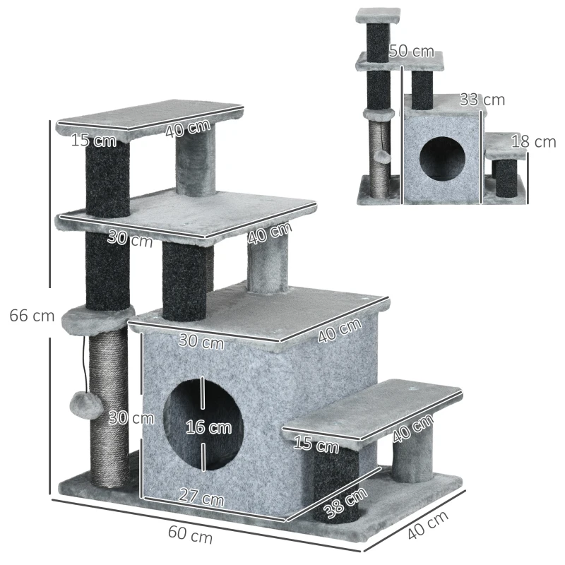 PawHut Escalier pour chat arbre à chat hauteur ajustable 3 ou 4 marches avec niche balle suspendue - 60 x 40 x 66 cm - gris