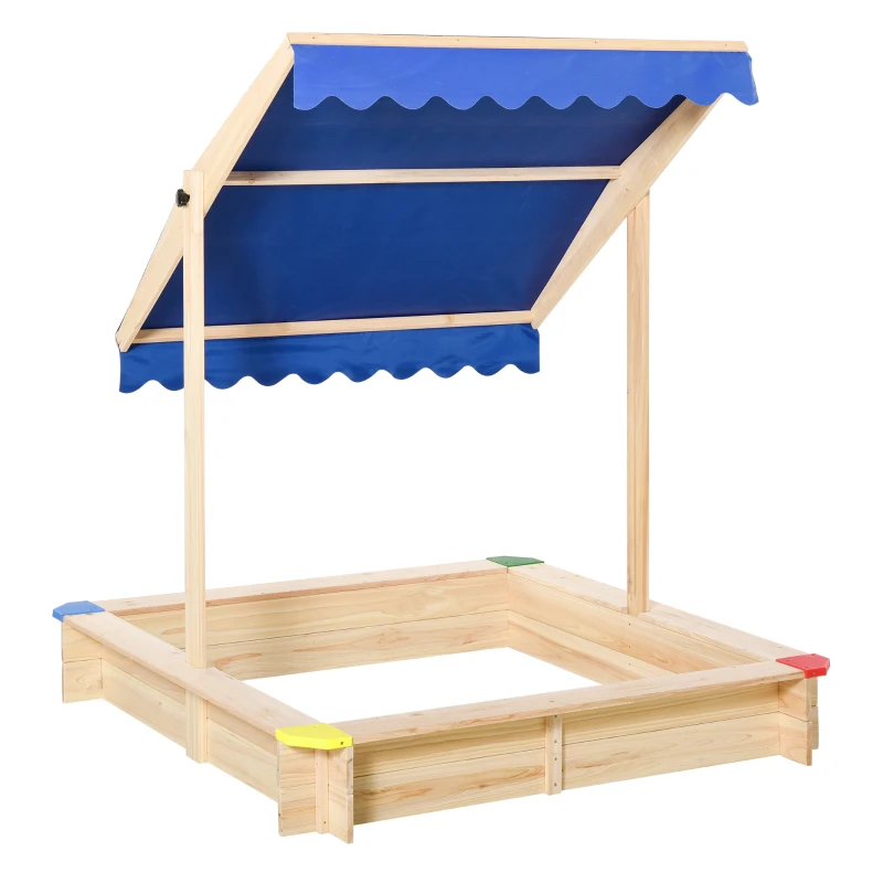 Outsunny Sabbiera per Bambini in Legno con Panca e Tettuccio Parasole Regolabile, 120x120x120cm, Colore Legno e Blu