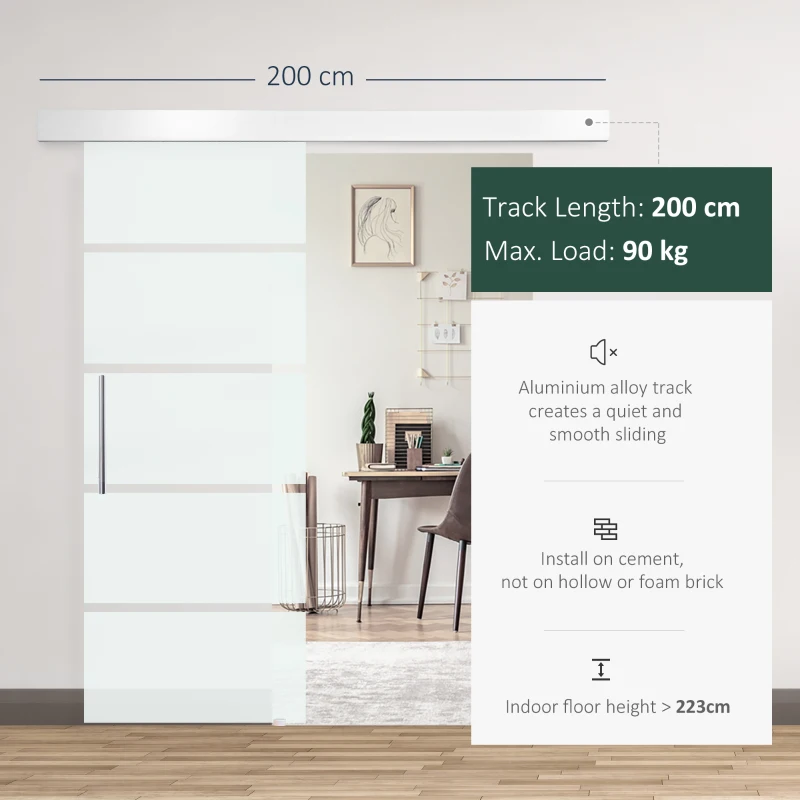 HOMCOM 75cm Sliding Glass Door 8mm Single-sided Frosted Tempered Glass with Stripe Pattern Hardware Track Kit with Stainless Steel Handle