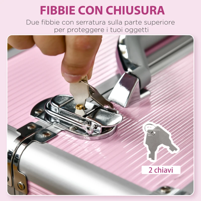 HOMCOM Valigetta Porta Trucchi Professionale, Trolley Make Up Rinforzato con Blocco a 2 Chiavi e Ruote, 36x23x58 cm, Rosa