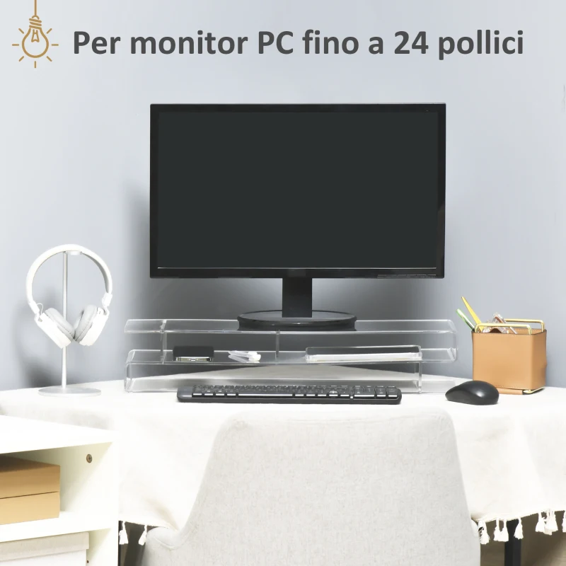 HOMCOM Supporto per Monitor PC in Acrilico con Scomparti Centrali, 57x19x11.5cm, Trasparente