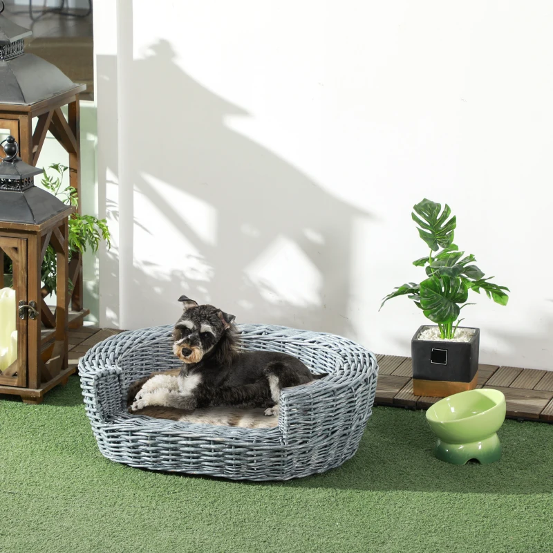 PawHut Wicker Pet Bed Willow Dog Cat Sofa Couch Puppy Basket with Cushion Grey 57L x 46W x 17.5H cm