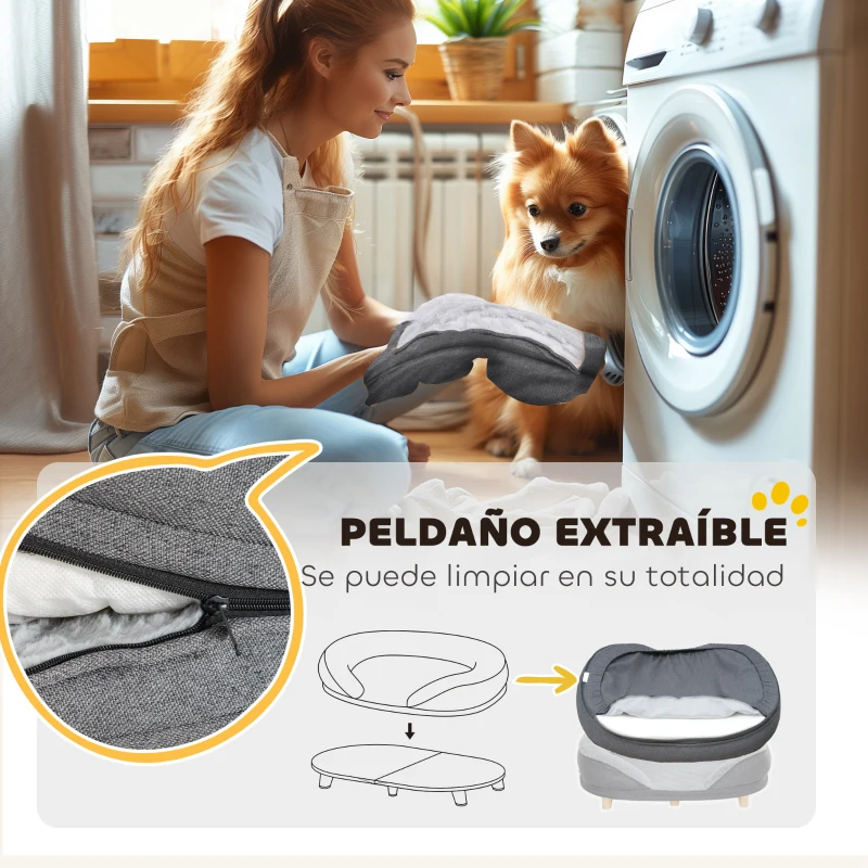 PawHut Sofá para Mascotas con Parte Superior Desmontable Funda Lavable y Patas de Madera Carga 25 kg 90x78x25 cm Gris