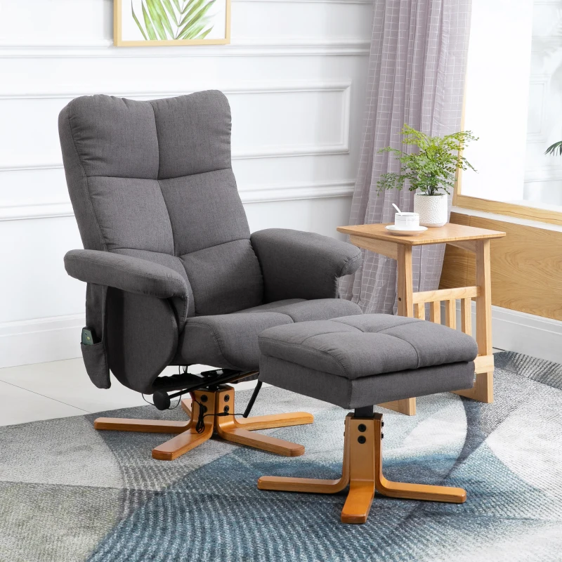 HOMCOM Fauteuil relaxant avec repose-pieds, espace de rangement, fauteuil de massage électrique avec fonction de couchage, fauteuil de télévision pivotant avec poche latérale, télécommande, cadre en bois, polyester, Gris foncé