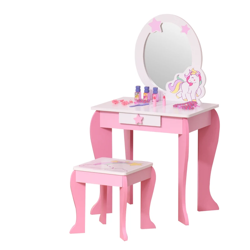 HOMCOM Kids Dressing Table with Mirror, Stool, Pink