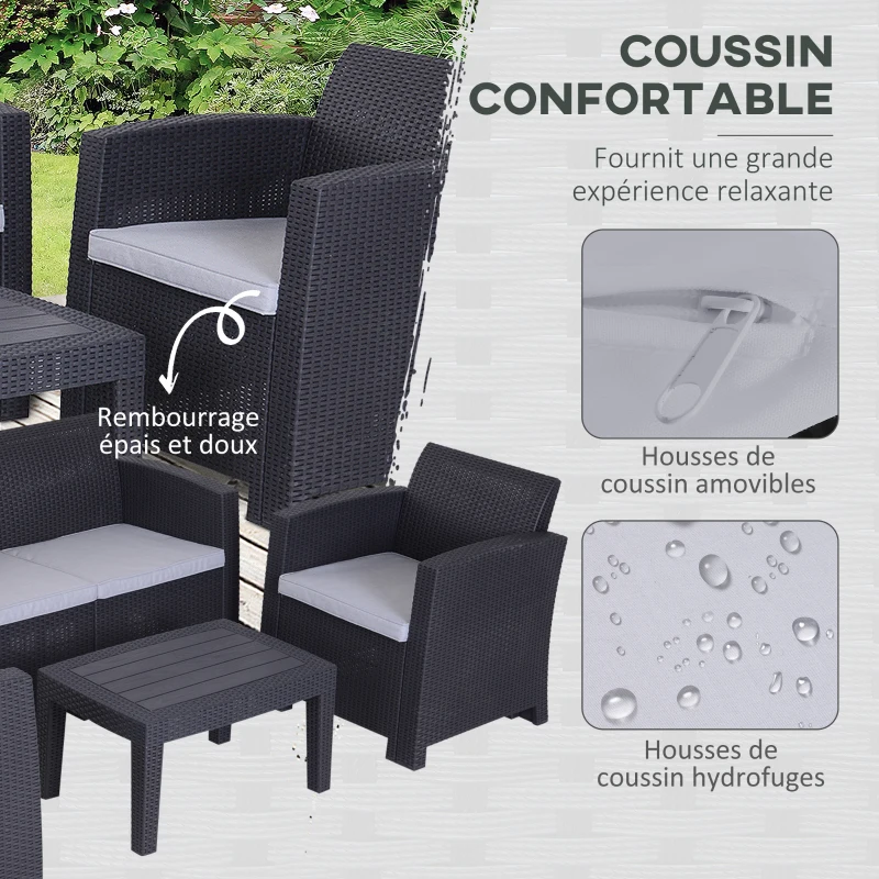 Outsunny Salon de Jardin 4 pers. 4 pièces Style Contemporain Coussins Grand Confort Inclus Polyester Gris Clair résine tressée Noir