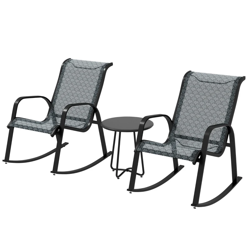 Outsunny 3 Piece Outdoor Rocking Set with 2 Armchairs and Metal Top Coffee Table, Patio Bistro Set with Curved Armrests, Breathable Mesh Fabric Seat for Garden, Deck, Mixed Grey