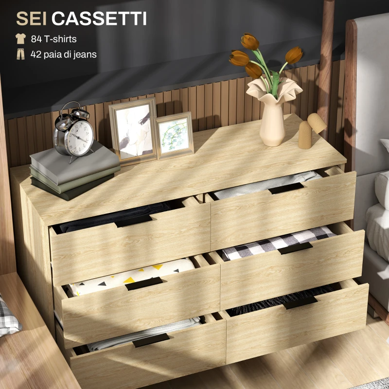 HOMCOM Cassettiera 6 Cassetti in Legno per Camera da Letto e Ingresso, 110x40x75cm, Rovere