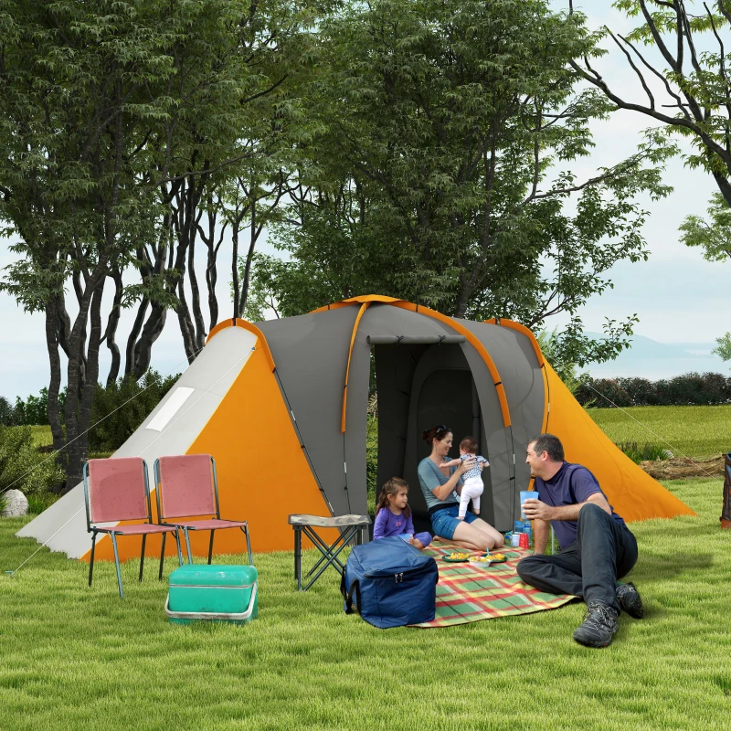 Outsunny Large Camping Tent Tunnel Tent with 2 Bedroom and Living Area, 2000mm Waterproof, Portable with Bag for 4-6 Man, Orange
