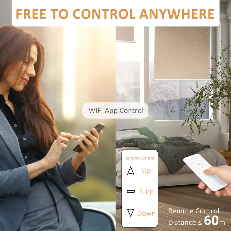 HOMCOM WiFi Smart Roller Blinds Work with TUYA App, Window Shade with Rechargeable Battery, Electric Shades Blind Easy Fit Home Office Living Room Bathroom Kitchen, Brown, 80cm x 180cm