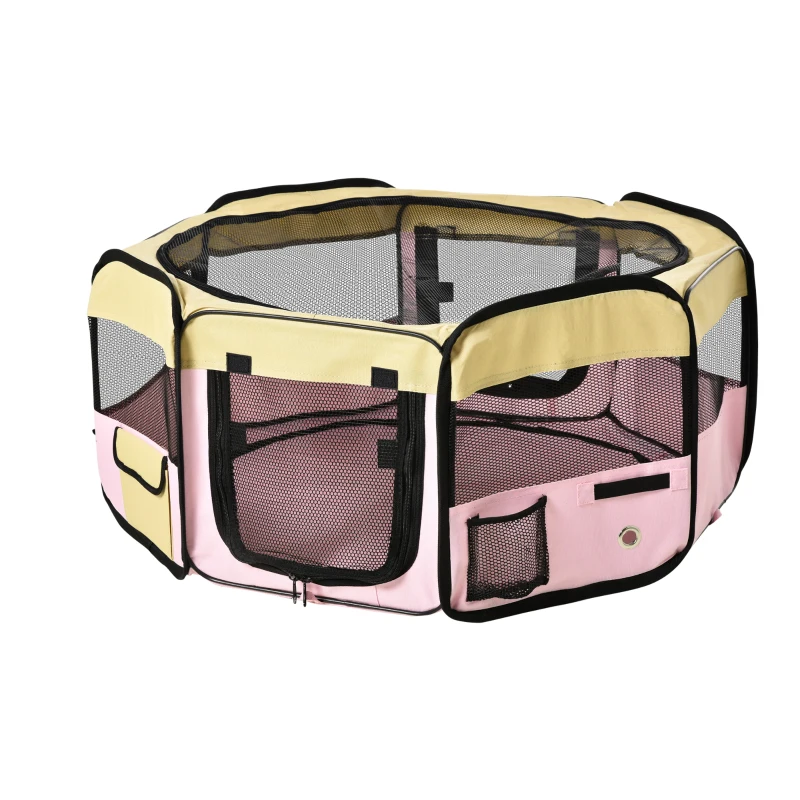 PawHut Fabric Pet Whelping Box Dog Cat Puppy Playpen Rabbit Guinea Pig Play Pen in Pink With Carry Bag Small Dia 90 x 41Hcm