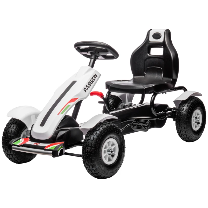 HOMCOM Kart à pédales pour enfant siège réglable 3 positions frein à main enfant de 5 à 12 ans blanc noir(m-10)