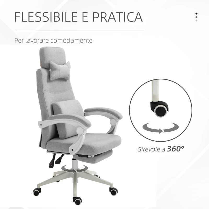 Vinsetto Sedia da Ufficio Ergonomica, Sedia da Scrivania con Rotelle, Cuscino Lombare, Poggiatesta e Poggiapiedi Estraibile, Grigia 62x68x117-127cm