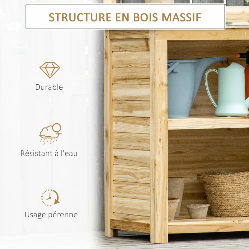 Outsunny Table de rempotage - table de jardinage avec 2 étagères plan de travail métal galvanisé avec rebord - table de plantation bois sapin pré-huilé - 4 crochets