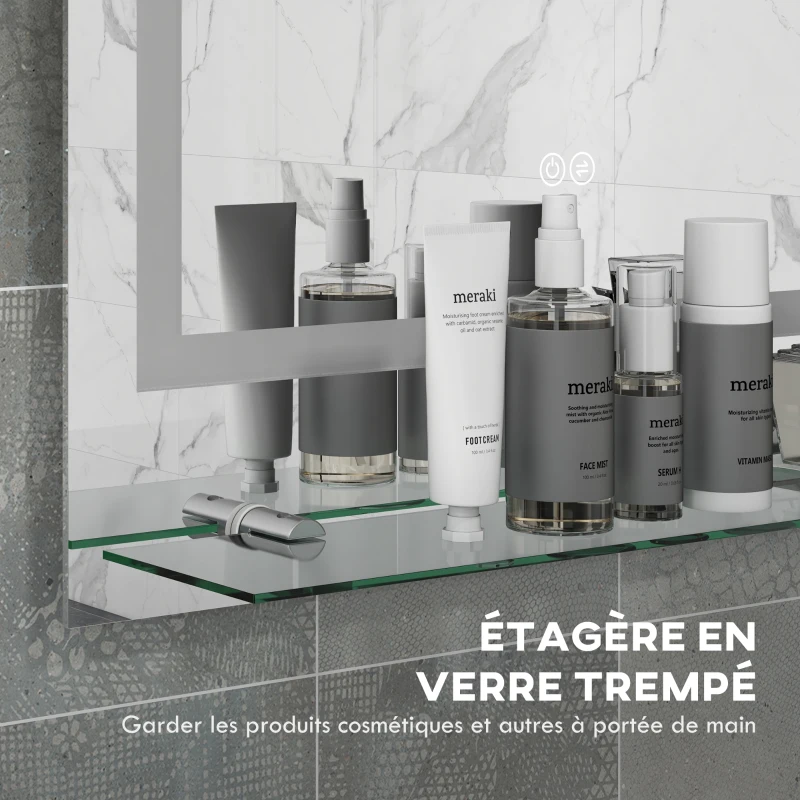 kleankin Miroir rectangulaire mural lumineux LED de salle de bain 80 x 60 cm