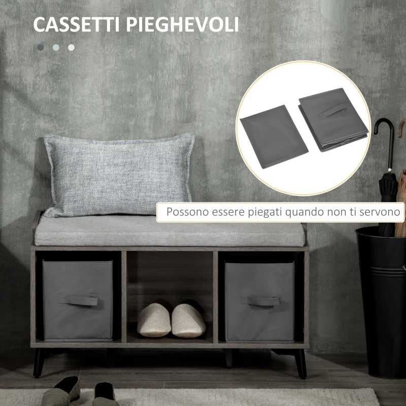 HOMCOM Mobile Scarpiera da Ingresso in Truciolato e Metallo con 3 Ripiani Aperti, 2 Cassetti e Seduta imbottita, 90x34x48 cm, Grigio