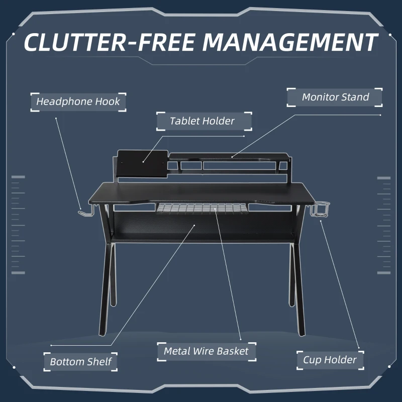 HOMCOM Gaming Desk, Computer Table with Monitor Stand, Cup Holder, Headphone Hook, Wire Basket and Metal Frame, 120cm, Black