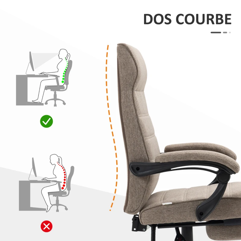 Vinsetto Fauteuil de bureau pivotant inclinable en tissu aspect lin avec accoudoirs hauteur réglable marron
