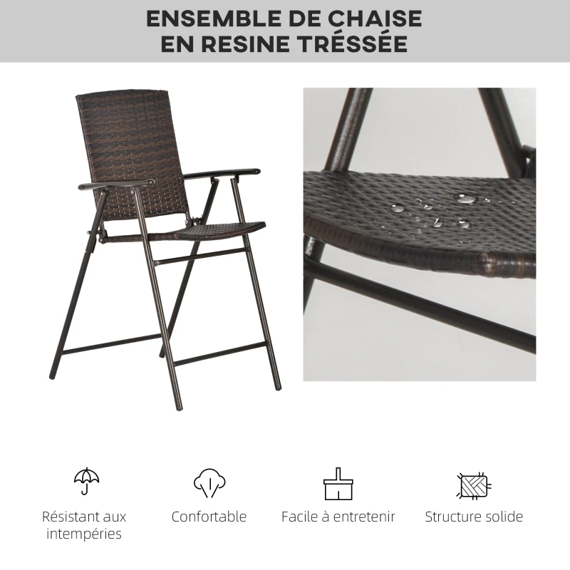 Outsunny Tabourets de bar pliable style colonial - lot de 4 tabourets de bar - repose-pied + accoudoirs - métal époxy résine tressée chocolat
