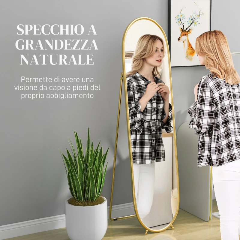 HOMCOM Specchio Verticale Ovale da Terra con Supporto, in Vetro e Metallo, 40x41x159 cm, Tonalità Oro