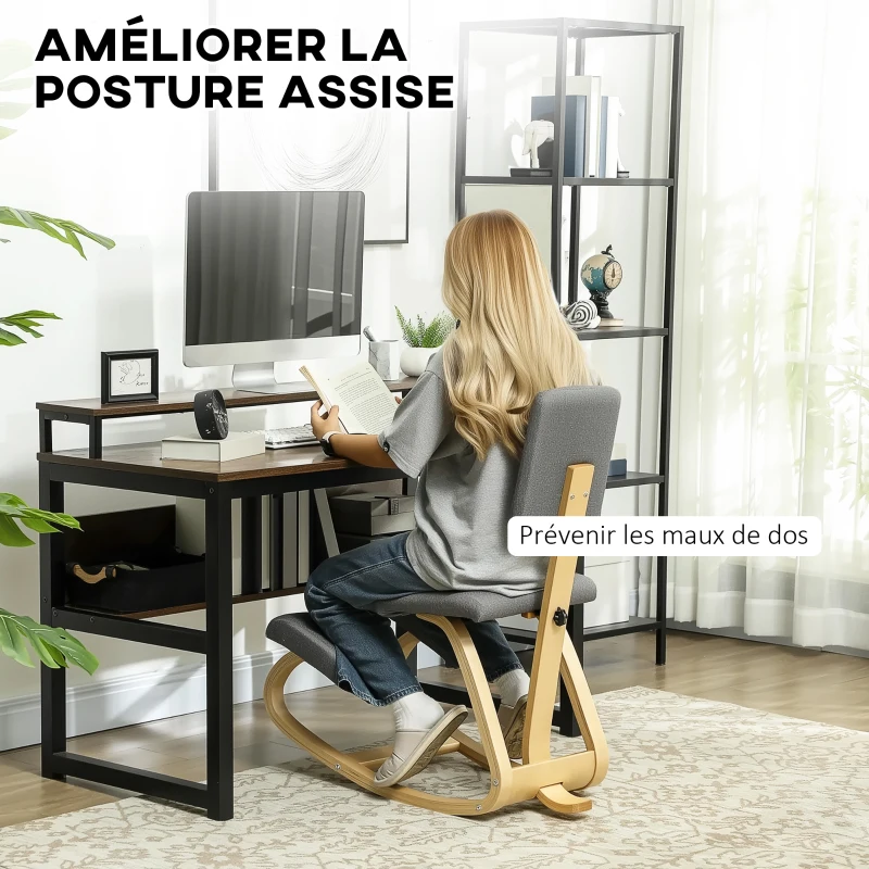 HOMCOM Siège assis genoux, siège ergonomique en bois à bascule avec dossier, chaise à genoux pour bureau à domicile, gris