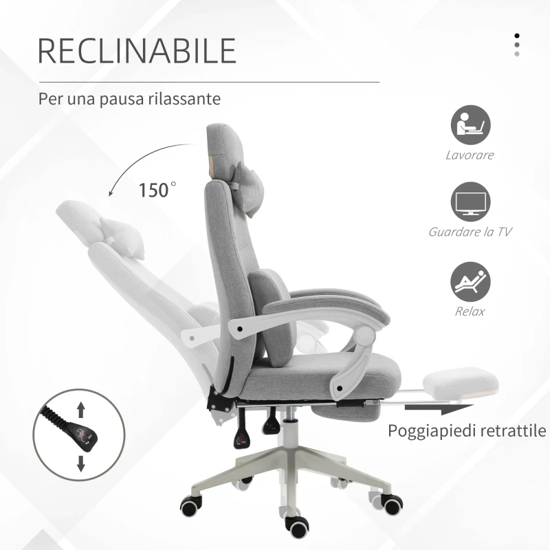 Vinsetto Sedia da Ufficio Ergonomica, Sedia da Scrivania con Rotelle, Cuscino Lombare, Poggiatesta e Poggiapiedi Estraibile, Grigia 62x68x117-127cm
