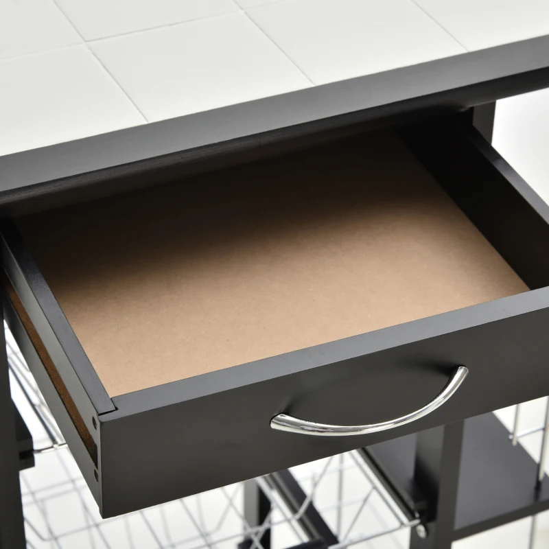 HOMCOM Carrello da Cucina con Cassetto, 4 Cesti di Frutta Estraibili e Piano in Ceramica, Carrello Cucina Salvaspazio con 4 Ripiani Laterali in Legno di Pino e Metallo, 57x37x83 cm, Nero