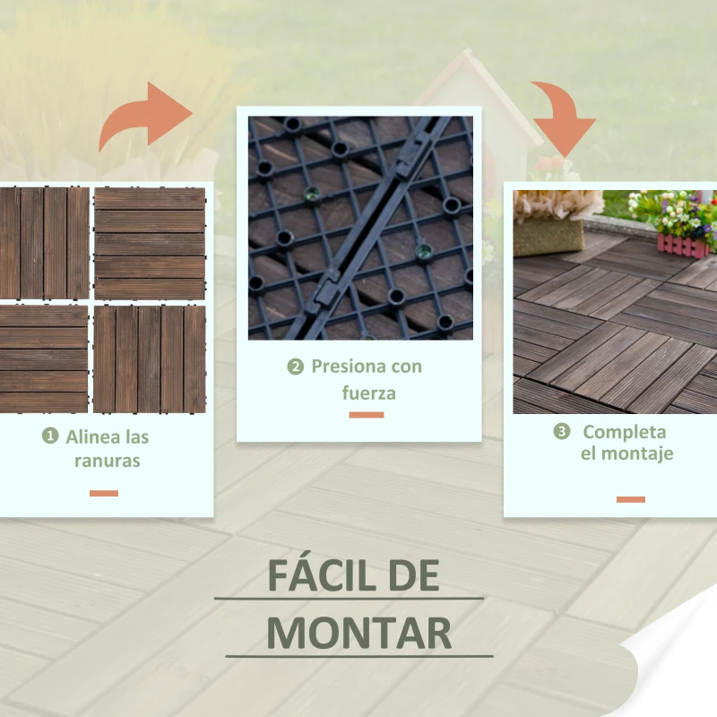 Outsunny Set de 27 Baldosas de Madera 30x30 cm con Área de 2,43 m² Losetas Sistema de Clic para Balcón Terraza Jardín Marrón Oscuro