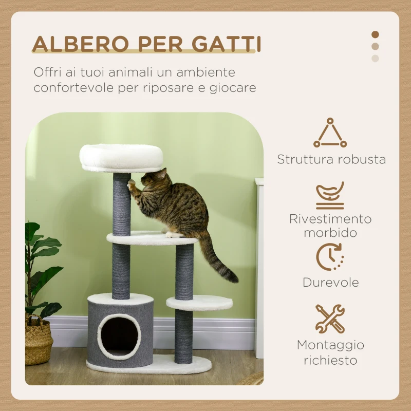 PawHut Albero per Gatti con Lettino, Casetta e Tiragraffi, 55.5x30.5x98 cm, Bianco