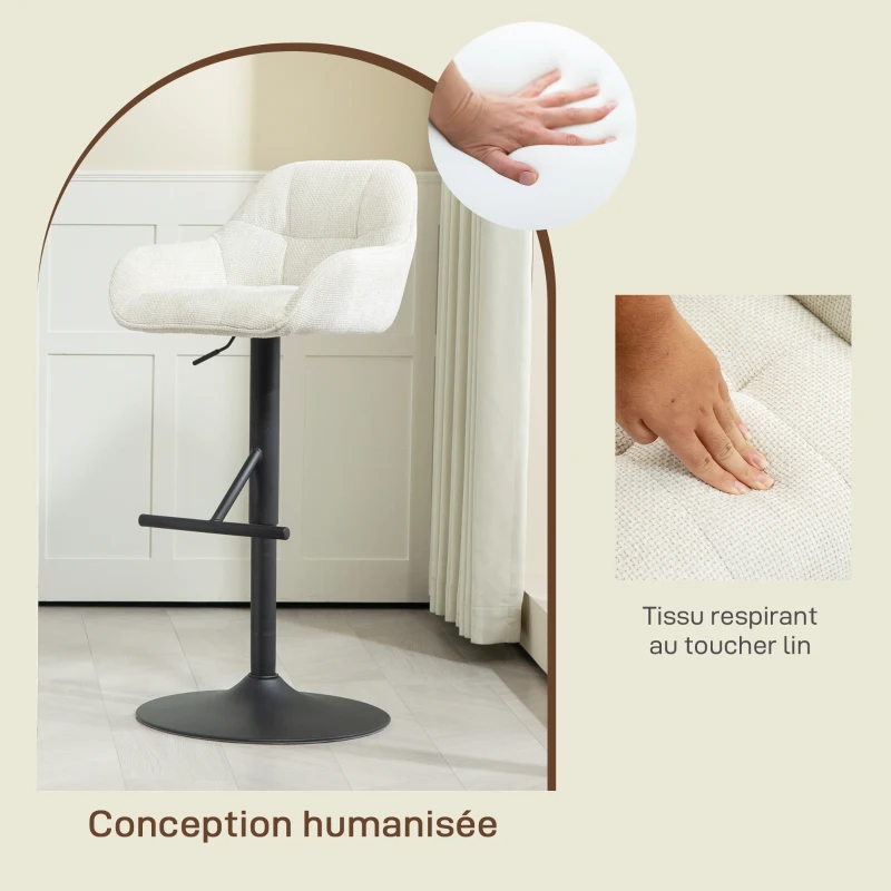 HOMCOM Lot de 2 tabourets de bar chaises de bar hauteur réglable tissu effet lin et base en acier 52,5 x 53 x 86,5-108 cm crème