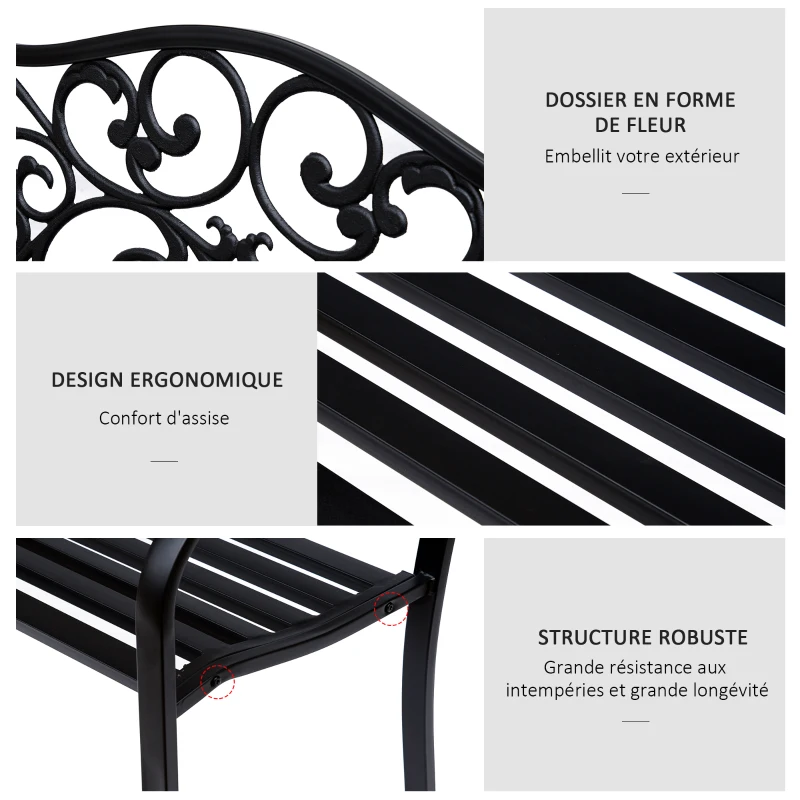 Outsunny Banc de jardin 3 places terrasse Style Cosy Chic 127L x 60l x 85H cm métal époxy anticorrosion Noir