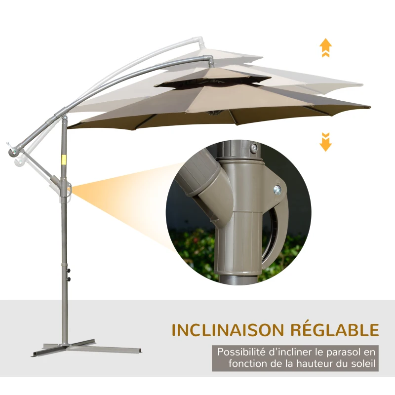 Outsunny Parasol déporté octogonal double toit inclinable manivelle avec pied en croix acier polyester Ø 2,67 x 2,65H m marron