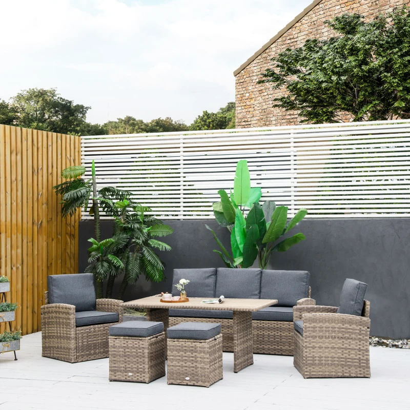 Outsunny Set Salotto da Giardino in Rattan PE con Divano 3 Posti, 2 Poltrone, 2 Sgabelli e Tavolo, Grigio