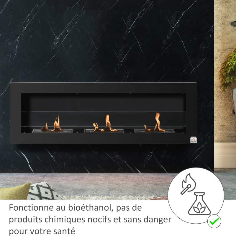 HOMCOM Cheminée bioéthanol Murale encastrable 3 brûleurs 3 L au total, environ 3 h de durée de combustion, dims. 120L x 15l x 40H cm, acier inox noir(m-4)