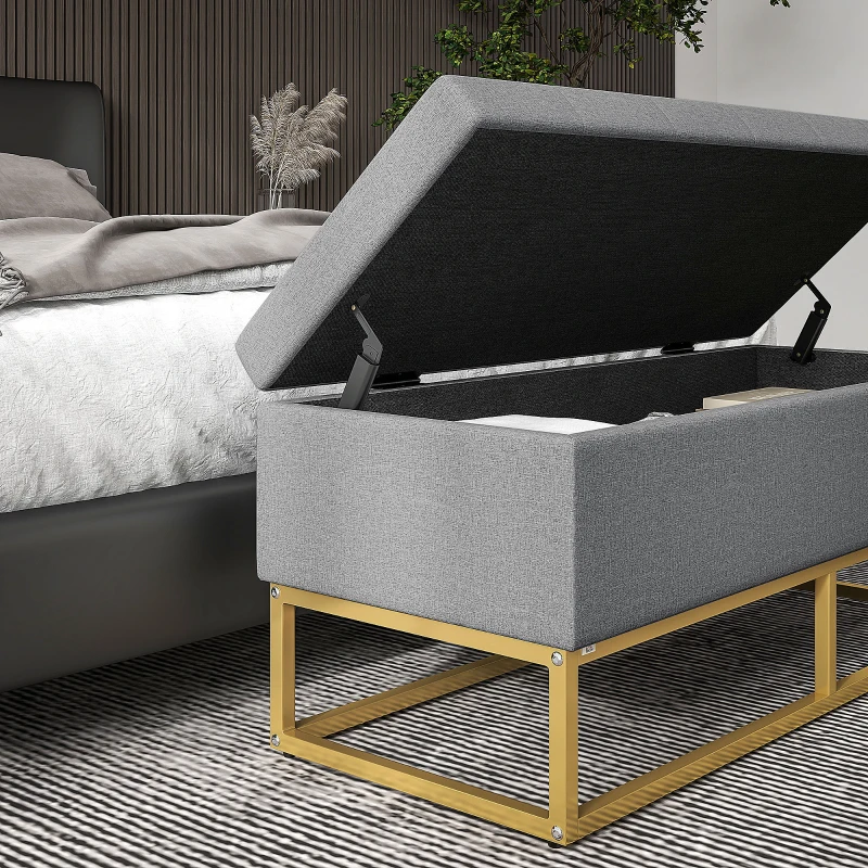 HOMCOM Banqueta con Almacenamiento Banco Rectangular Tapizado con Tapa Abatible y Patas de Acero 110x44x48 cm Gris