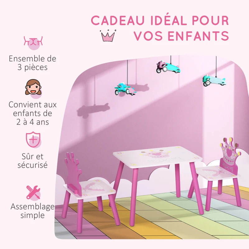 HOMCOM Lit Enfant et Ensemble table et chaises enfant - Design Princesse Motif Couronne - sommier à Lattes Inclus - Rose