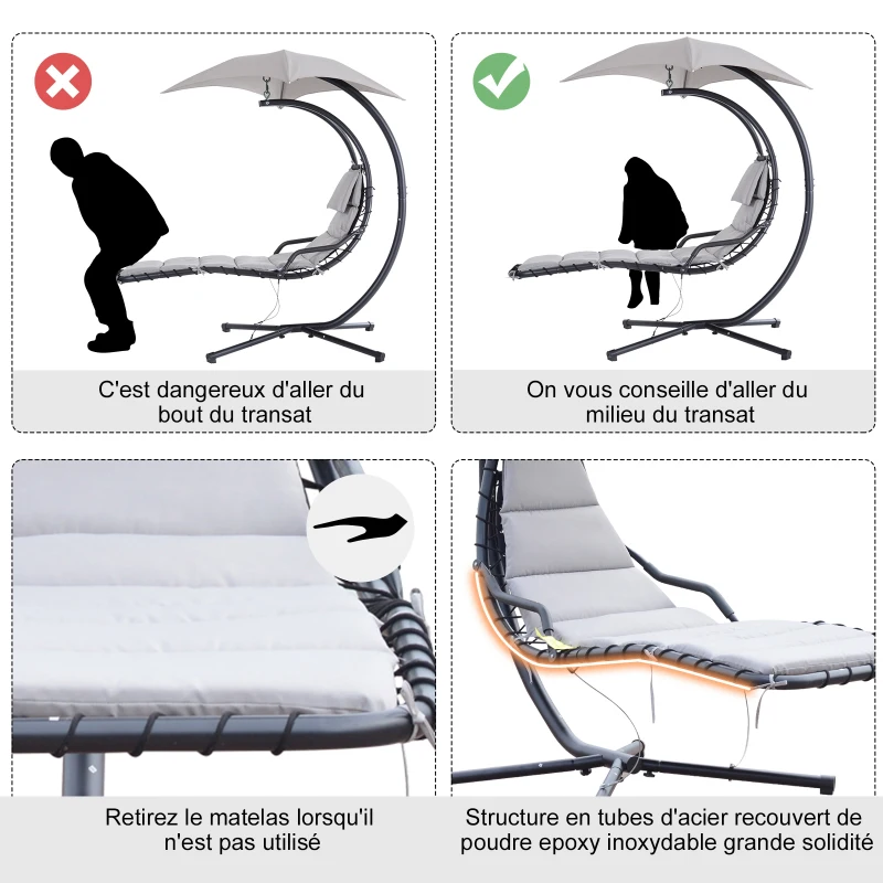 Outsunny Bain de Soleil transat Suspendu avec Pare-Soleil et Matelas Design Contemporain 190L x 110l x 190H cm Acier Polyester Gris Noir