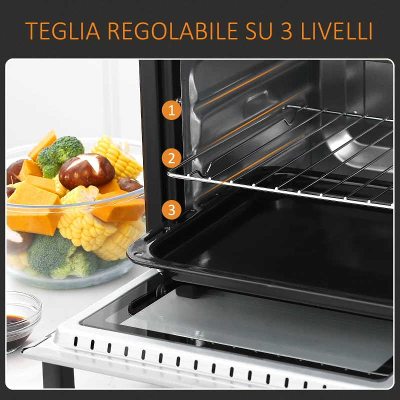 HOMCOM Fornetto Elettrico 16L Temperatura Regolabile e Timer, 3 Metodi di Cottura e Accessori, 1400W, Bianco