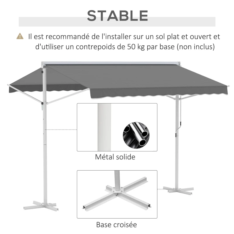 Outsunny Store Double Pente 3 x 3 m Manuel rétractable Inclinaison réglable Acier époxy Blanc Polyester imperméabilisé Anti-UV Gris